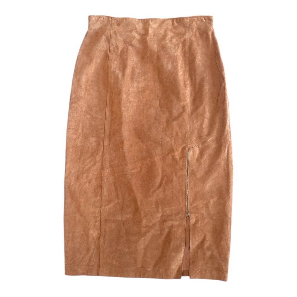 Evan Davies 100% Leather Camel Brown Midi Pencil Straight Skirt Size 16 vintage